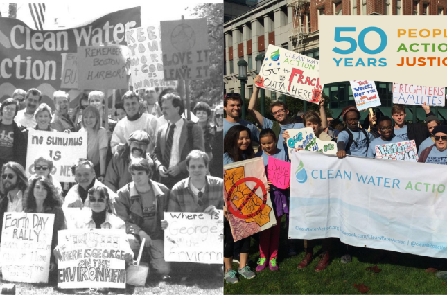 Image: A Clean Water Action Rally in the 80s side by side with a Rally in the 2010s